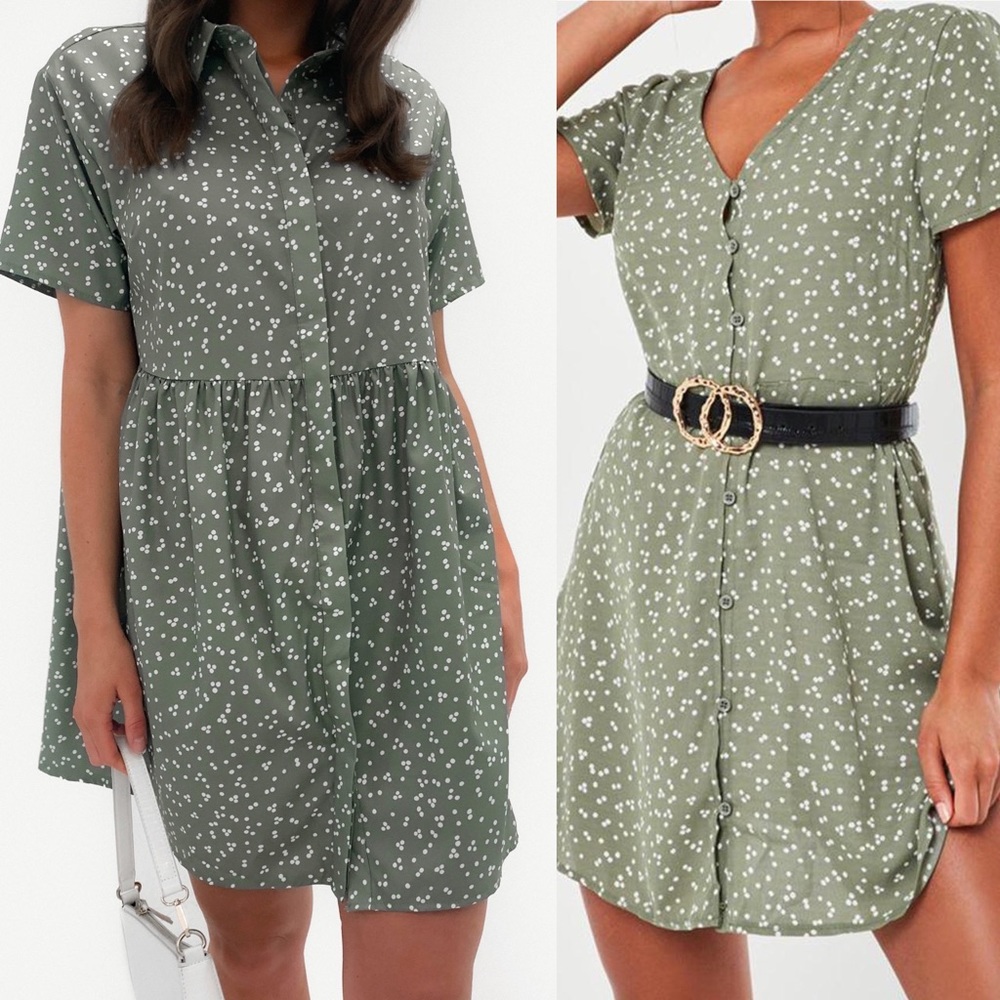 Missguided Green Mini Dress with White Floral Pattern